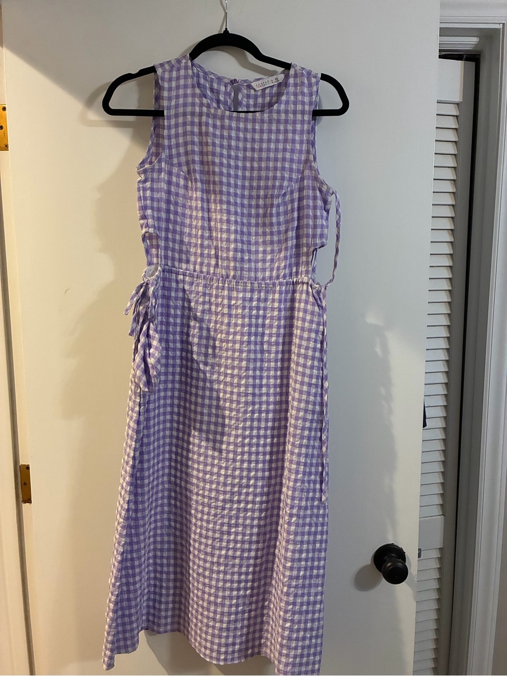 Sleeveless Lavender Gingham Midi Dress with Side Ties